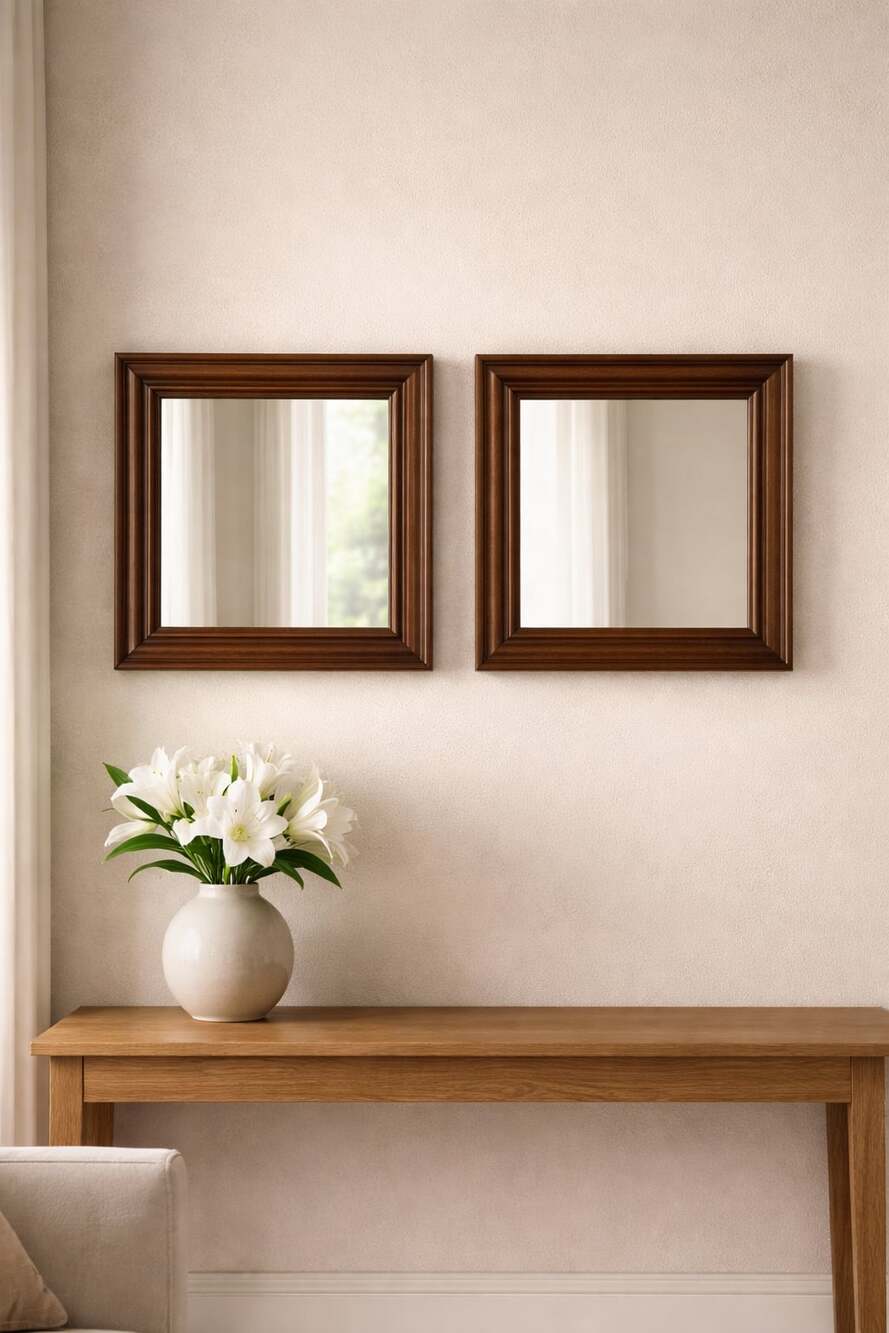 Vintage Wooden Frame Square Wall Mirror Set of Two Brown